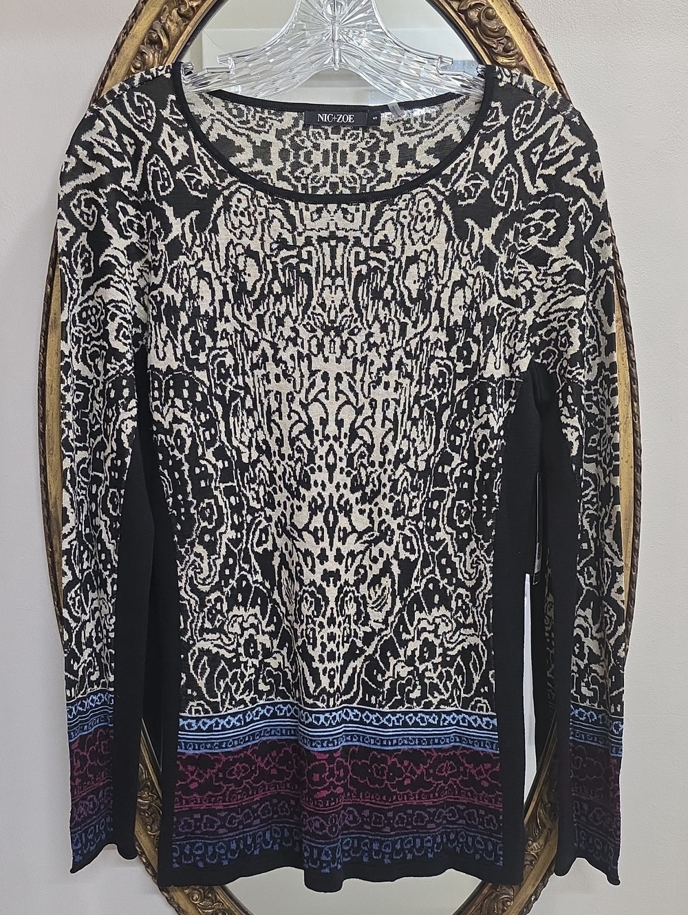 Nic+Zoe Black Cream Patterned Long-Sleeve Top with Color-Block Hem Size Small
